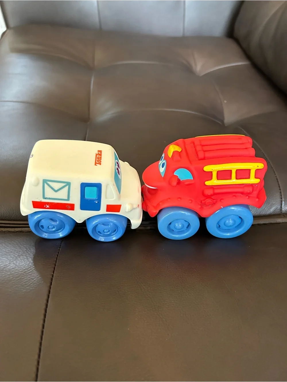 Tonka Red Fire Truck & White Toy Car with Blue Wheels